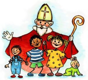 Eine Zeichnung des Hl. Nikolaus mit Mitra, Mantel und Stab. Davor befinden sich vier Kinder vom Säuglings- bis zum Vorschulalter